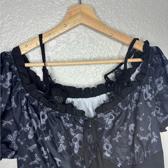 Romwe Corpse Bride Skull Print Cold Shoulder Knot Front Dress NWT - Picture 5 of 9